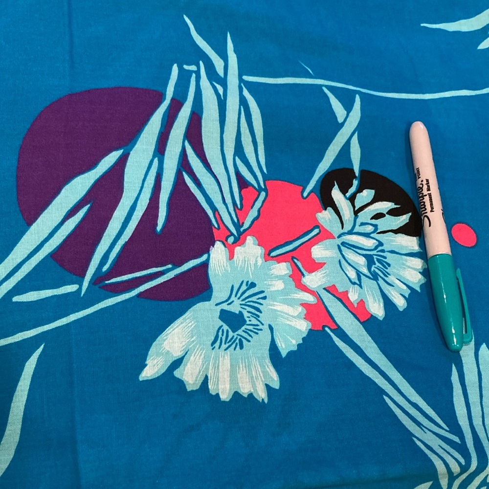 Vintage screen print teal‎ 80’s fabric Hawaiian style cotton? 46 x 128 401
